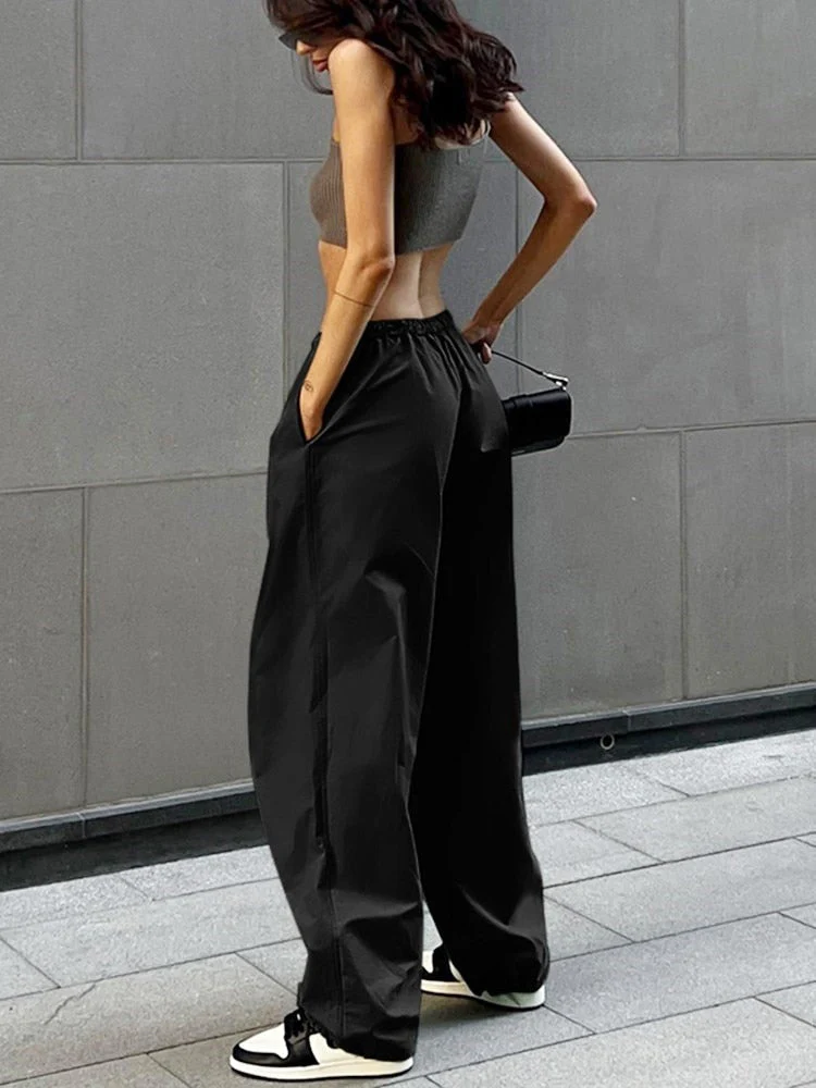 Hulianfu Fashion High Street Cargo Pants Women Casual Sweatpants Solid Loose Trousers Drawstring Waist Wide Leg Pants Y2K Party - Deanwangkt
