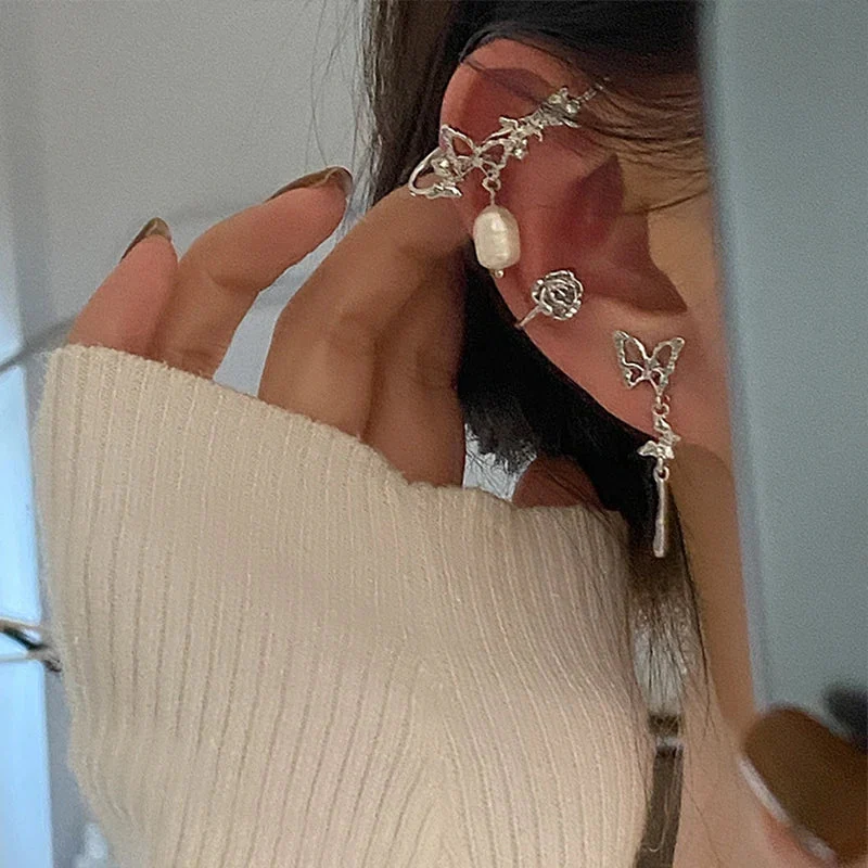 hulianfu Fashion Design Korean Delicate Zircon Butterfly Clip Earrings Women Elegant Pearl No Piercing Cartilage Ear Jewelry - Deanwangkt