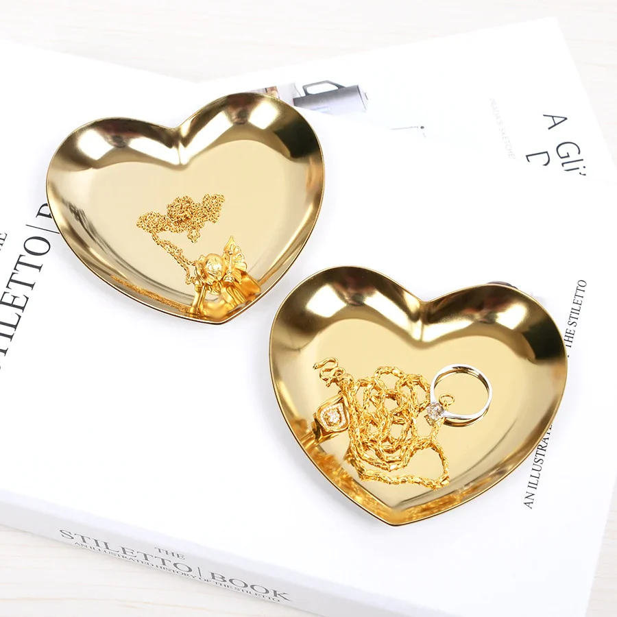 HULIANFU Nordic Stainless Steel Storage Tray Dish Jewelry Ring Organizer Bread Dessert Snack Plate Golden Heart Shaped Plate Home Decor - Deanwangkt