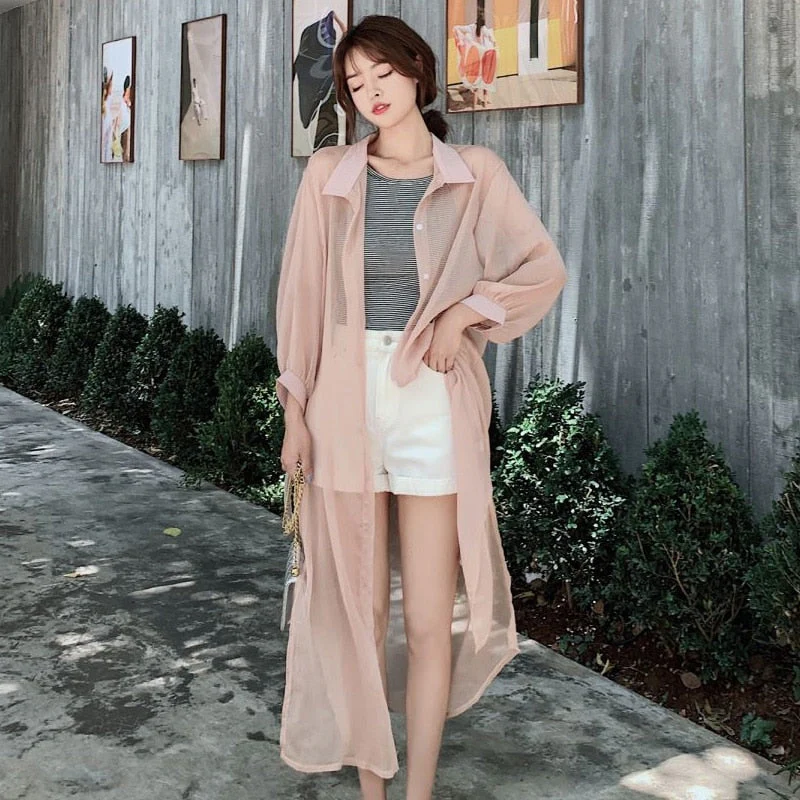 Hulianfu Women Blouse Sun Protection Fashion Long Lantern Sleeve Outerwear Sheer All-match Thin Beach Street Comfort Korean Style Leisure - Deanwangkt