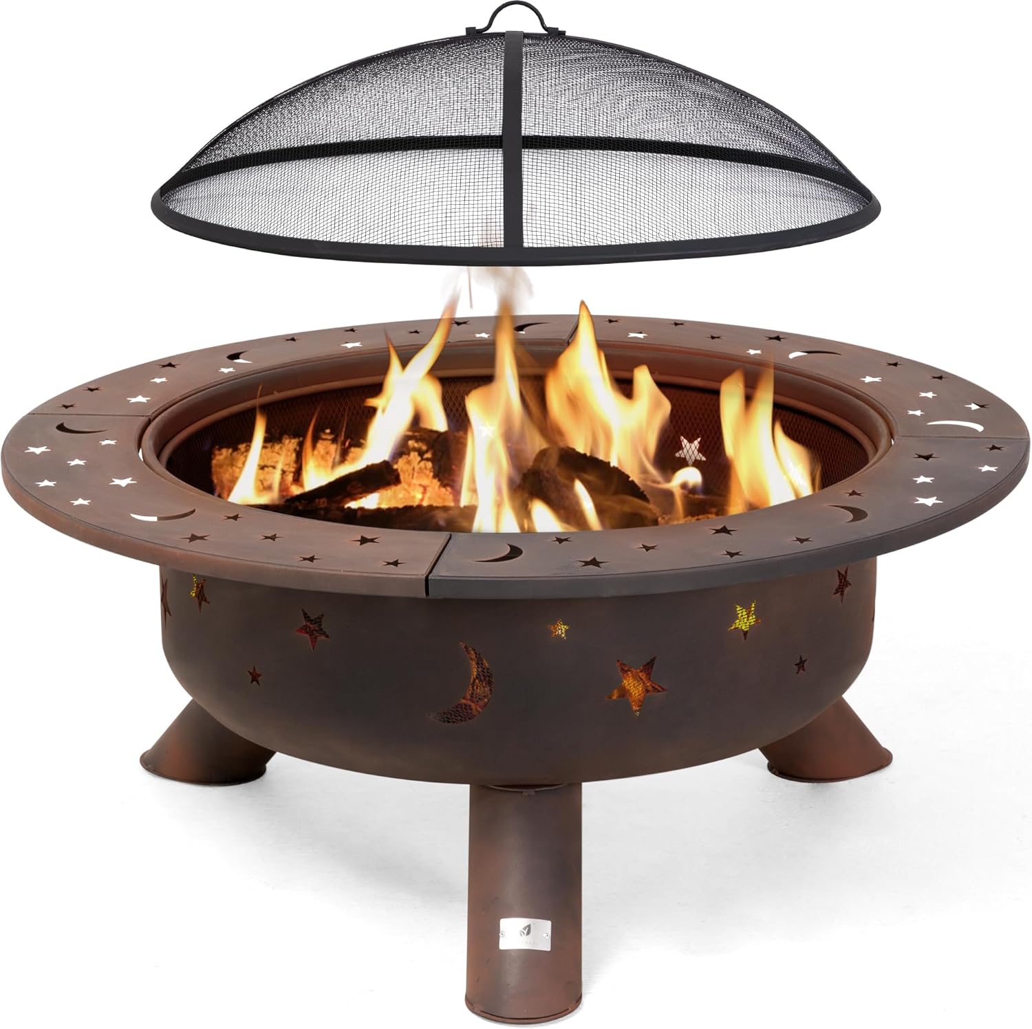 SUNCREAT 42” Patio Fire Pit Wood Burning with Mesh Spark Screen, Bonfire Outdoor firepit with Fireplace Poker, Black