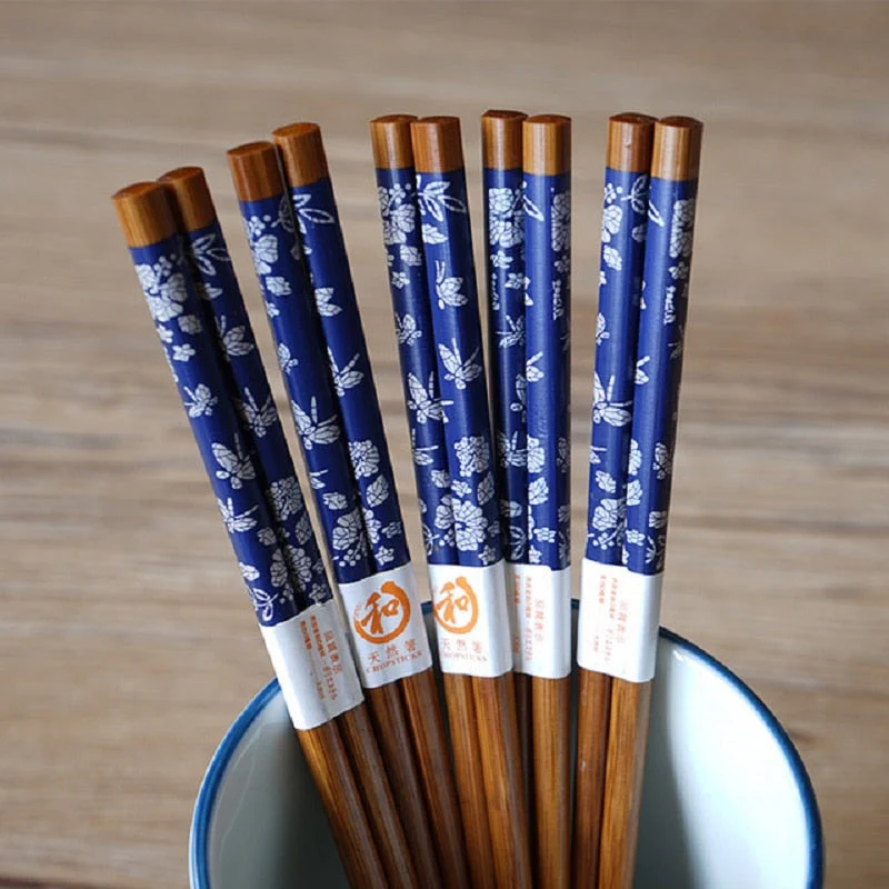 HULIANFU Reusable 5 Pair Set Handmade Bamboo Japanese Natural Wood Chopsticks Sushi Food Cat Flower Multi color Wooden Chop sticks - Deanwangkt