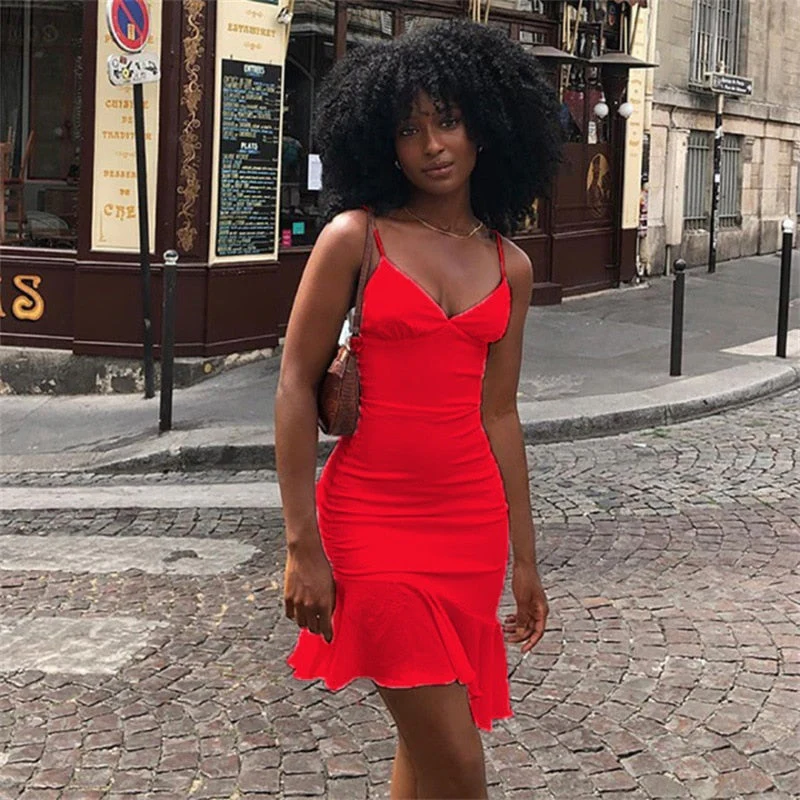 Spaghetti Straps Ruffles Mini Dress Club Party Elegant Sleeveless Slip Women's Summer Sundress Outfits Holiday - Deanwangkt