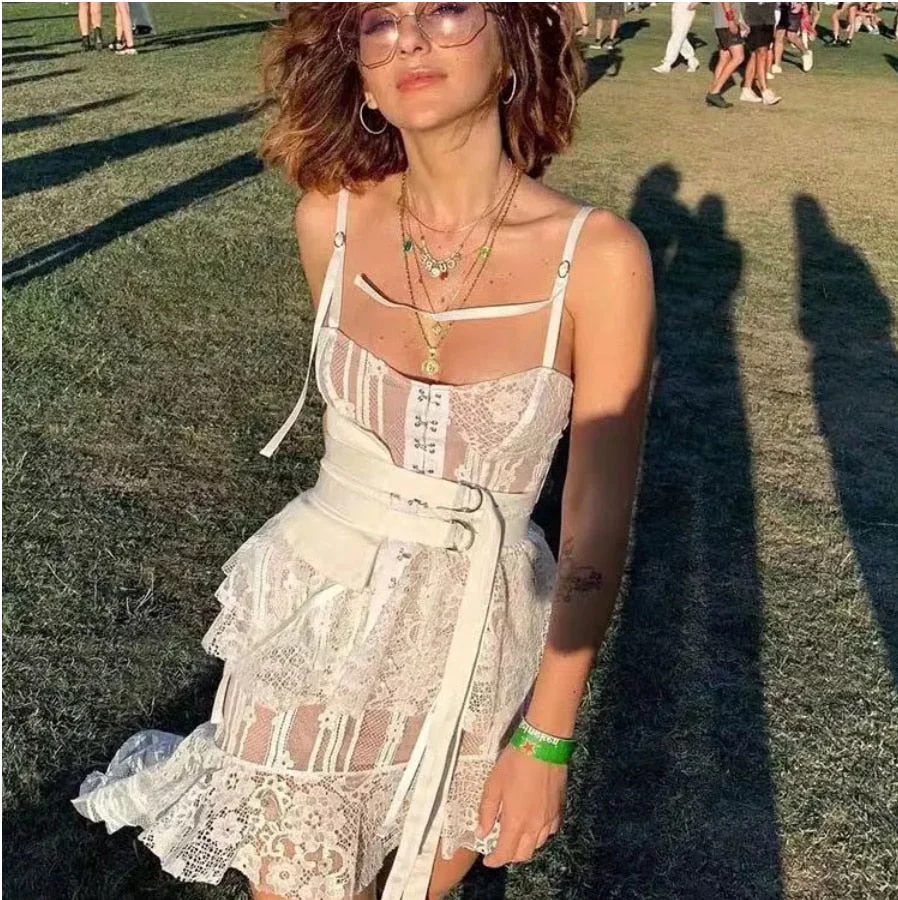 Lace High-low Sexy Summer Dress White Straps Belt Tied Women Dress D-ring Holiday Chic Ladies Party Dresses - Deanwangkt