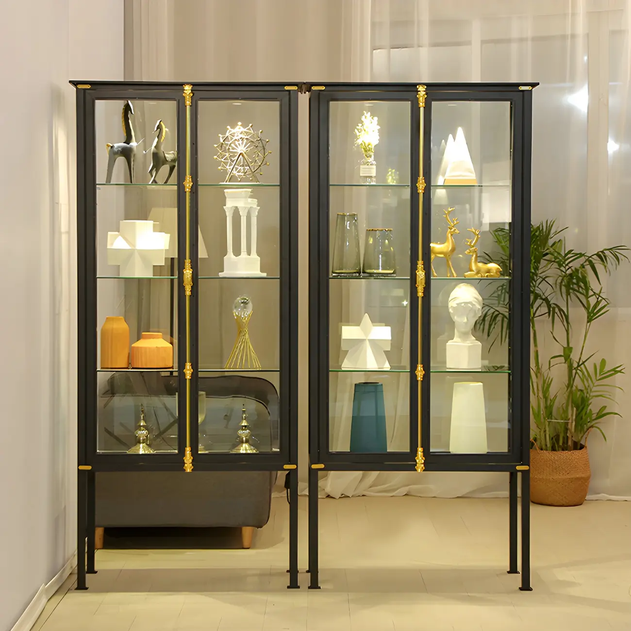 Black Metal Glass Shelves Display Cabinet with Lights