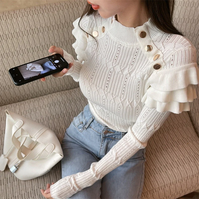 Hulianfu Full Sleeve Turtleneck Buttons Sweater Jumpers Girls Stretchy Chic Ruffles Autumn Spring Sweaters Pullovers Tops Women - Deanwangkt