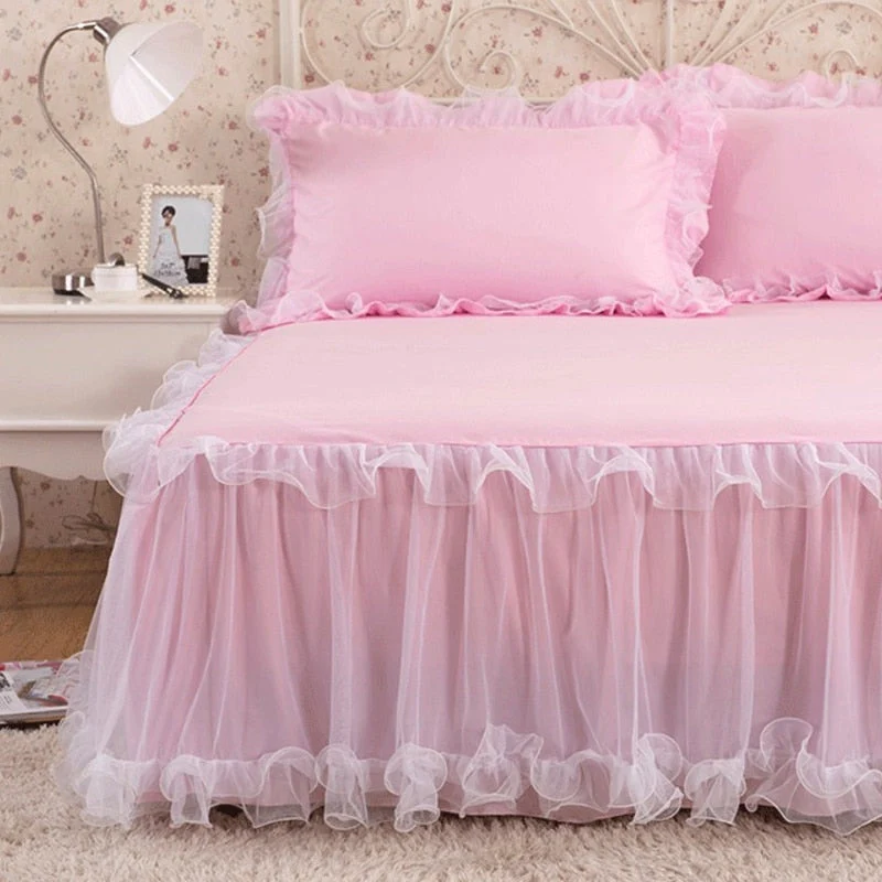 HULIANFU Pink Lace Lotus Leaf Lace Bed Skirts Princess Style Solid Color Bedspread Bed Cover Non-Slip Sheets Without Pillowcase - Deanwangkt