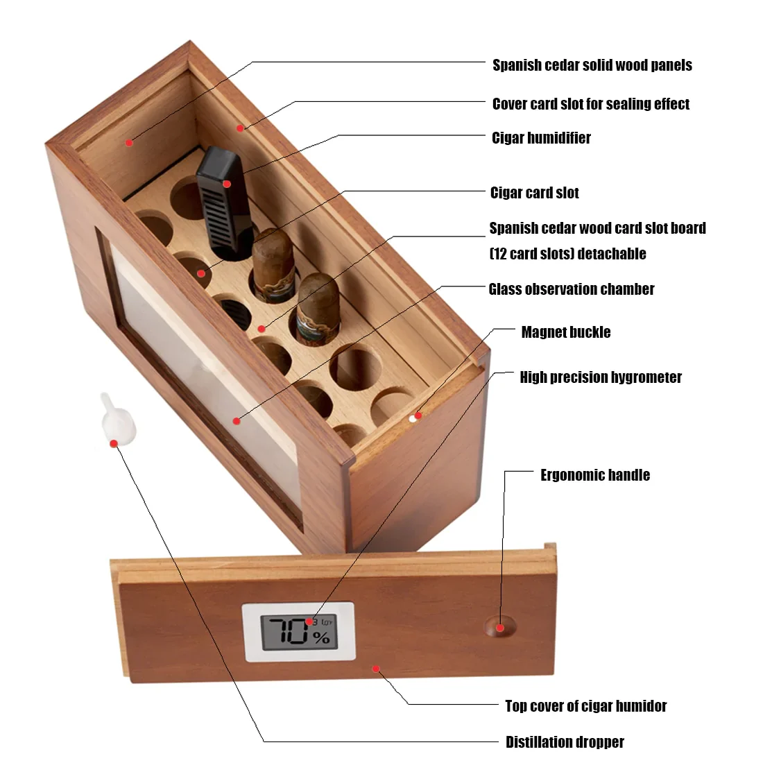 HULIANFU New Wooden Humidor Box For Cigar W/ Hygrometer Humidifier Portable Glass Window Cedar Wood Case Fit 12-25 Cigars Storage Cabinet - Deanwangkt