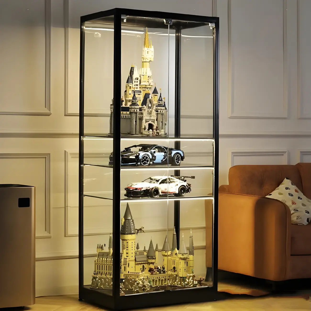 Modern Glass Black Curio Cabinet with Adjustable Shelves
