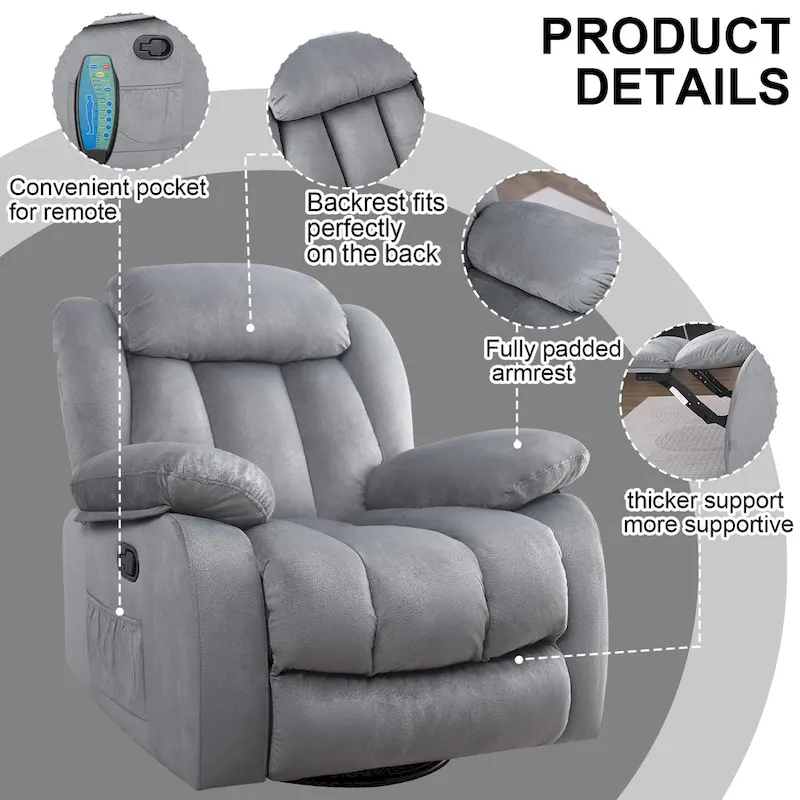 Soft Fabric Overstuff Manual Recliner with Massager and Heat