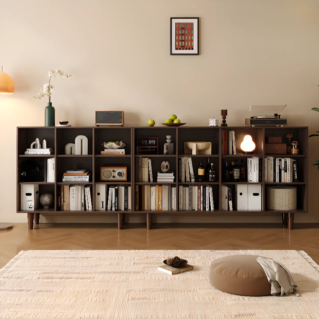 Wide 7-Shelf Modern Wooden Nut-Brown Open Bookcase