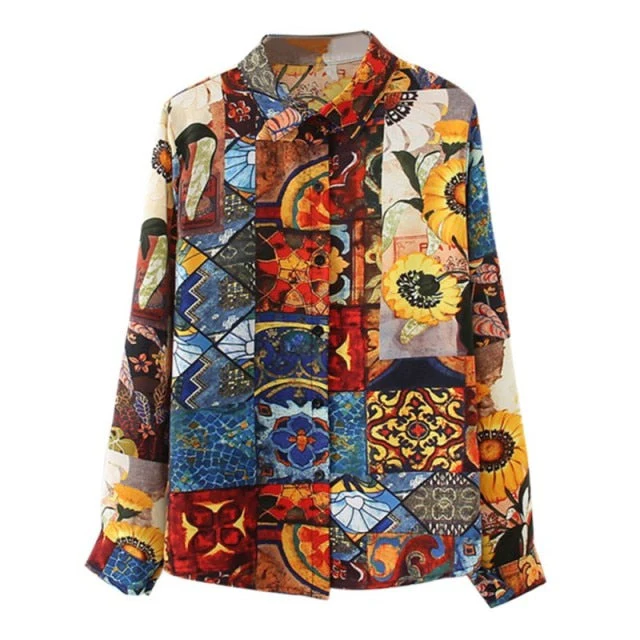 Women Retro Sunflower Print Shirt Oil Painting Print Design Blouse Girl Loose Lapel Tops and Blouses New - Deanwangkt