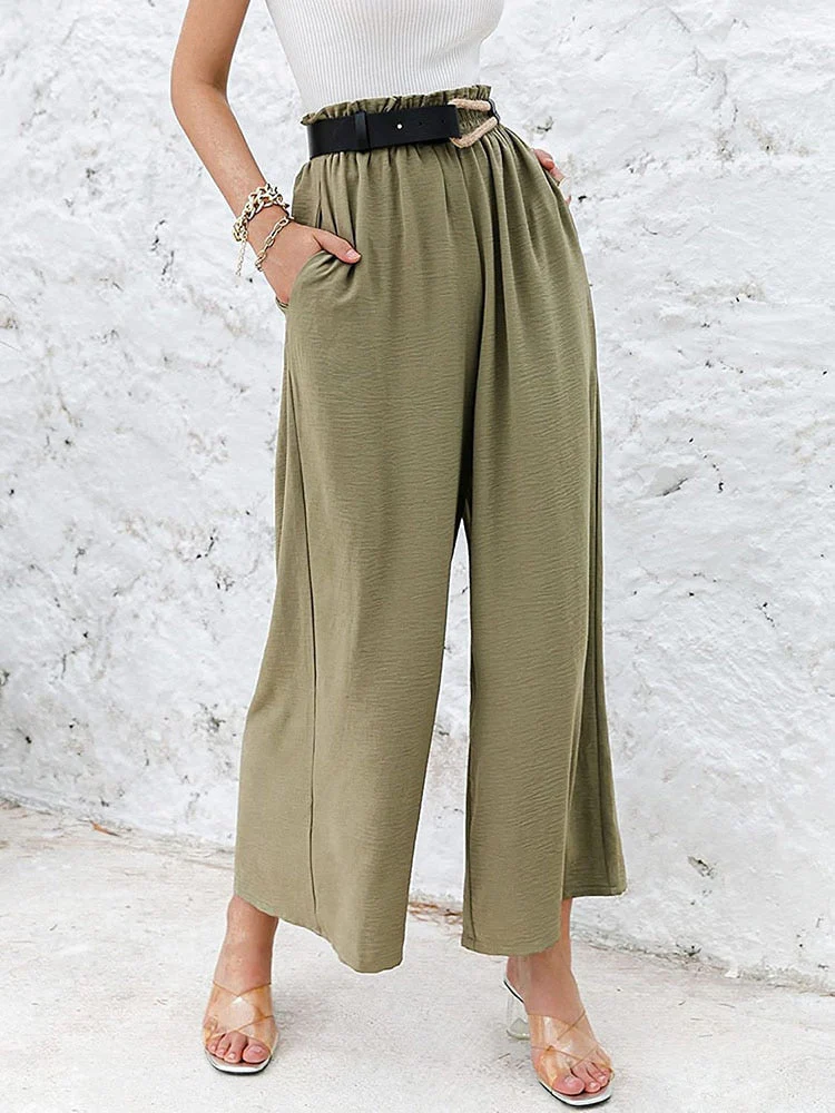 Hulianfu Autumn Summer Fashion Cotton Linen Pants Women Solid Fungus Edge High Waist Women's Trousers Wide Leg Casual Pants - Deanwangkt