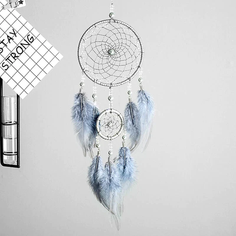 HULIANFU Original silver gray dream catcher 2 ring Indian feather hanging art gifts to bestie friends creative valentine's day gifts - Deanwangkt