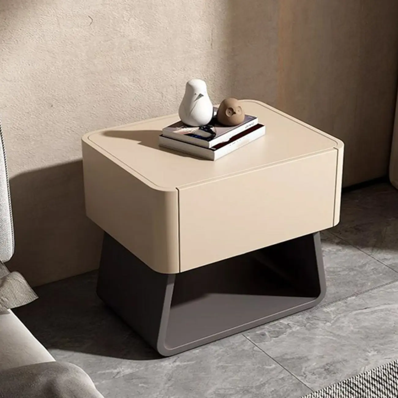 Modern Milky Gray/ White Low Wooden Drawer Nightstand