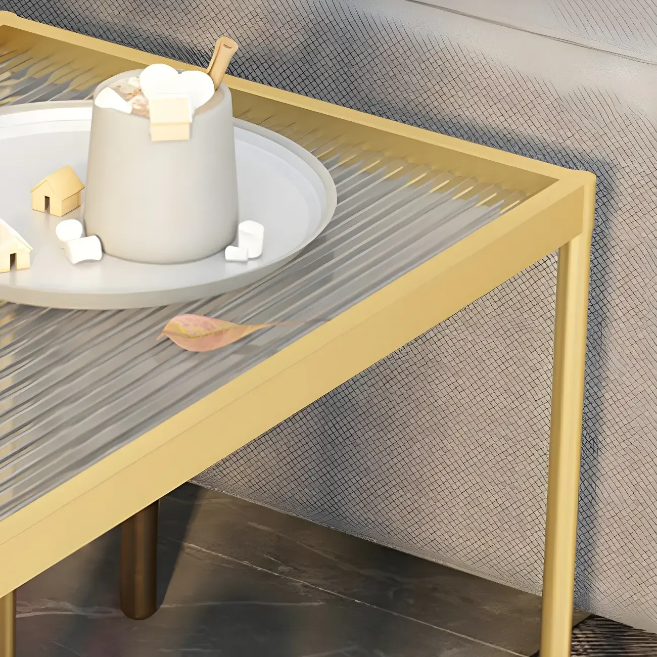 Gold Glass Rectangular Top Shelf Side Table on Wheels