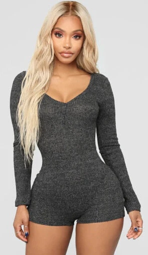 Hulianfu Spring New Women Knitted  Romper Homewear Cute Deep V-Neck Long-Sleeved Pajamas Female Star Pattern Button Jumpsuit - Deanwangkt