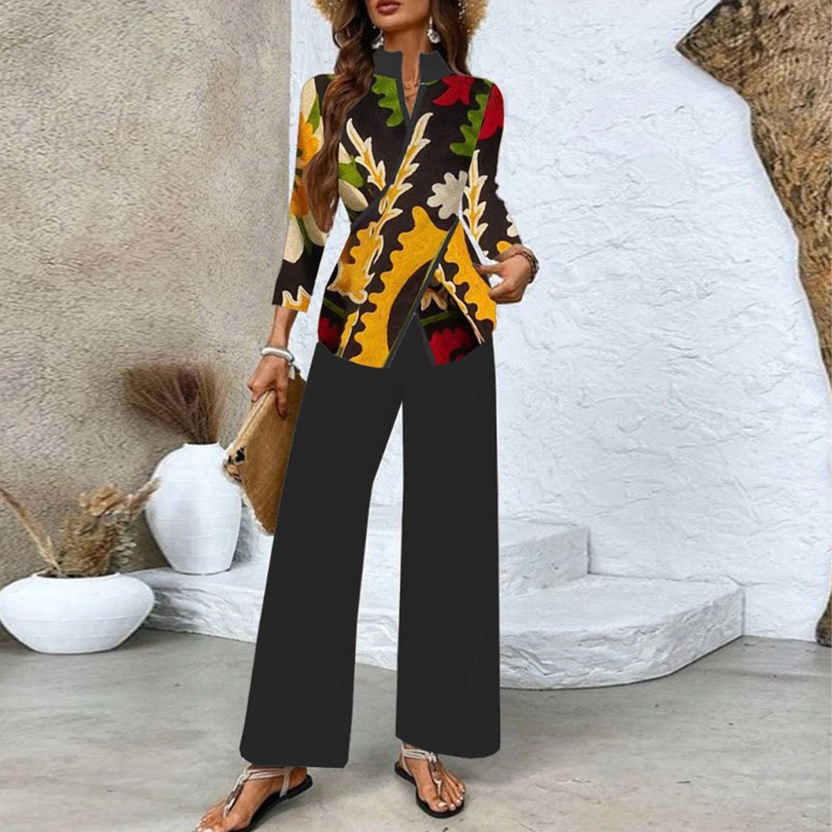 Unique V-Neck Long Sleeve Two Piece Set