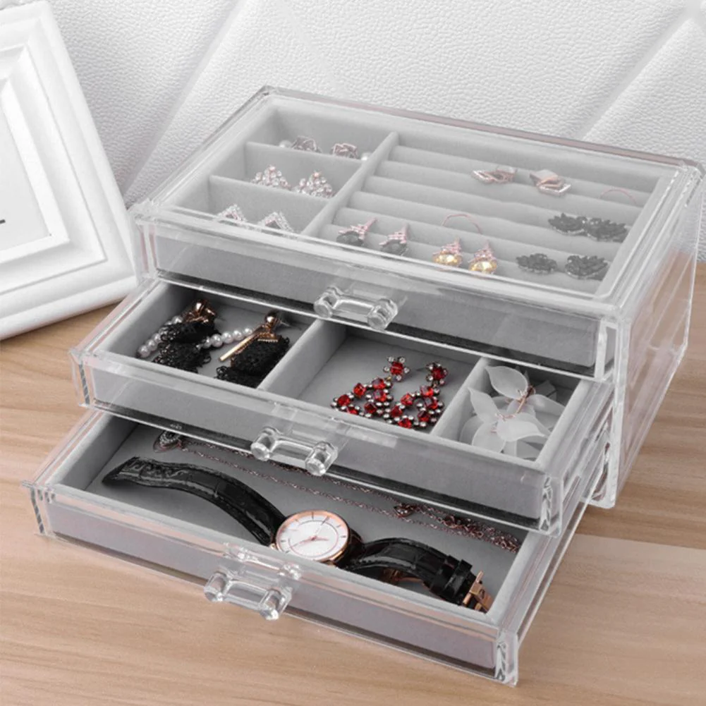 HULIANFU Jewelry Box Showcase Drawer Storage Multi-Grids Classification Storage Flannel Necklace Rings Earrings Storage Case for Home - Deanwangkt
