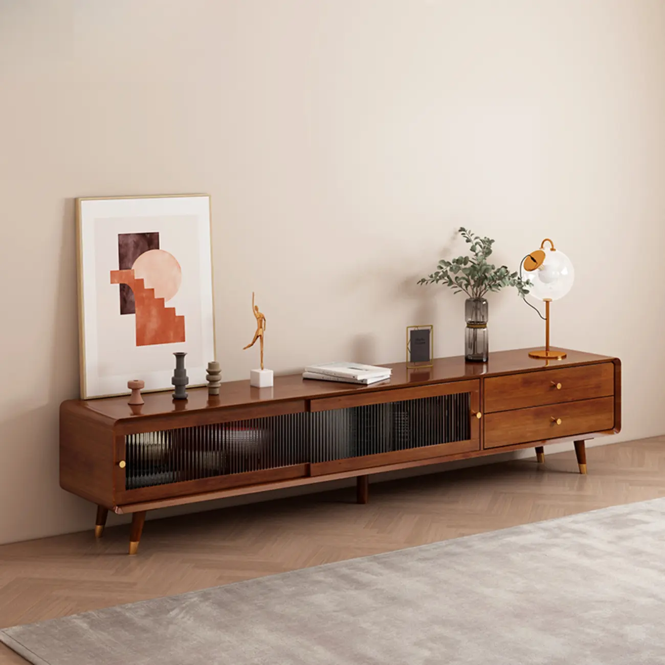 Long Brown 2-Drawer Pine Modern TV Stand with Cabinet