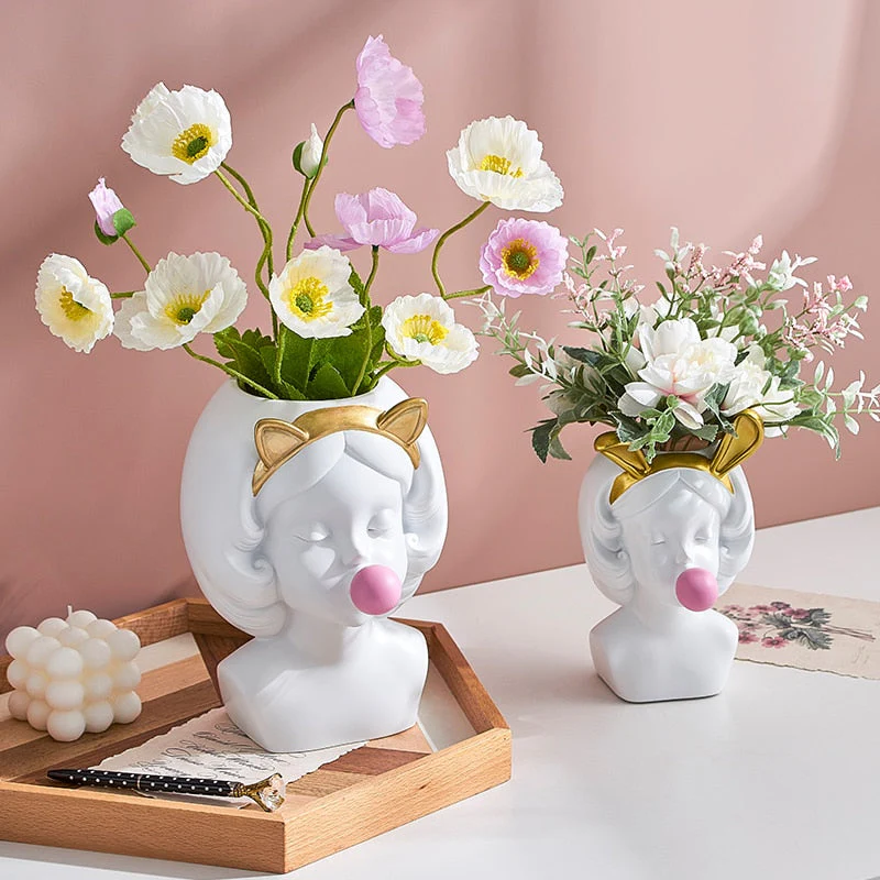 HULIANFU Resin Vase Nordic Modern Home Decoration Cute Girl Blowing Bubbles Decorative Head Carving Flower Vases Pen Holder Vase Flowers - Deanwangkt