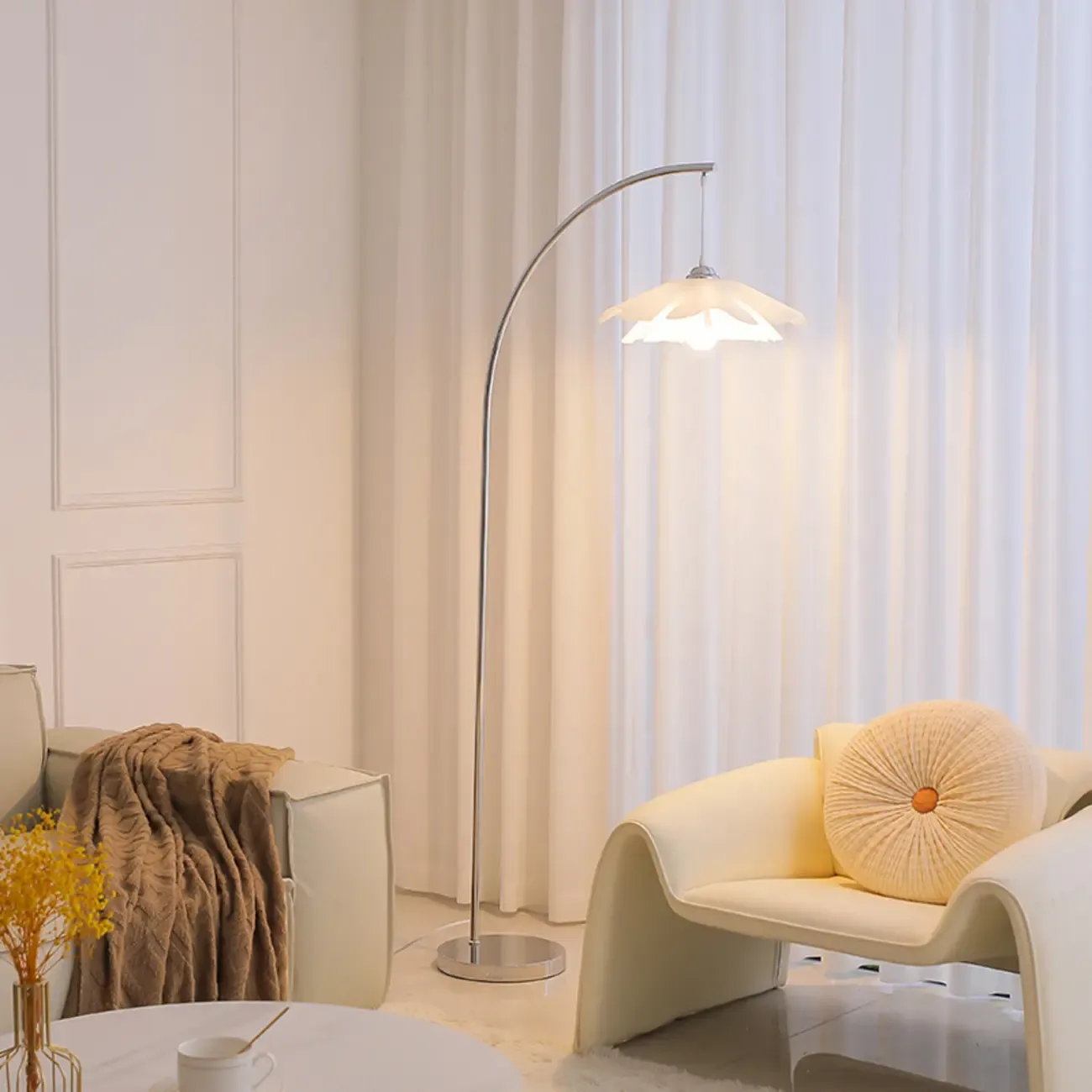 Modern Chrome White Flower Shade Arc Floor Lamp