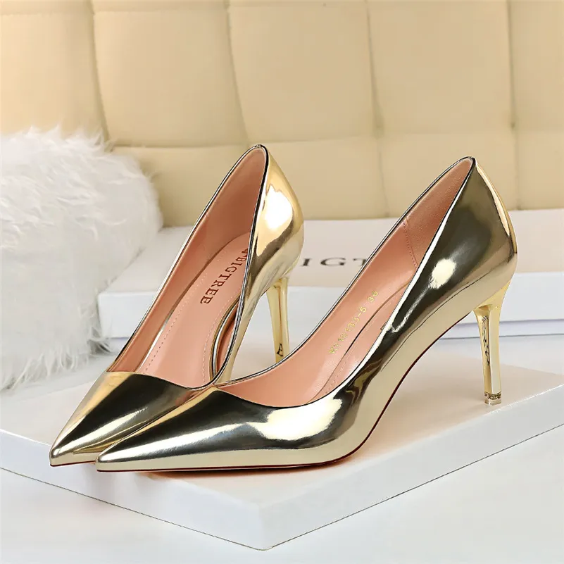 Women Patent Leather Pumps 7.5cm 10.5cm High Heels Lady Stiletto Low Heels Wedding Bridal Mteallic Silver Gold Sparkly Shoes - Deanwangkt