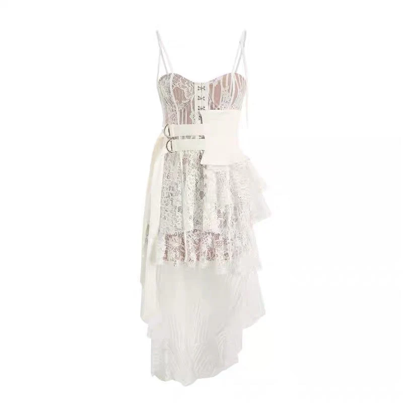 Lace High-low Sexy Summer Dress White Straps Belt Tied Women Dress D-ring Holiday Chic Ladies Party Dresses - Deanwangkt
