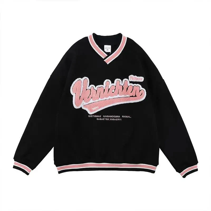 Vintage Punk Style Streetwear Chic V-neck Letter Embroidery Sweatshirt Women Baseball Oversized Tops Harajuku Clothes for Teens - Deanwangkt