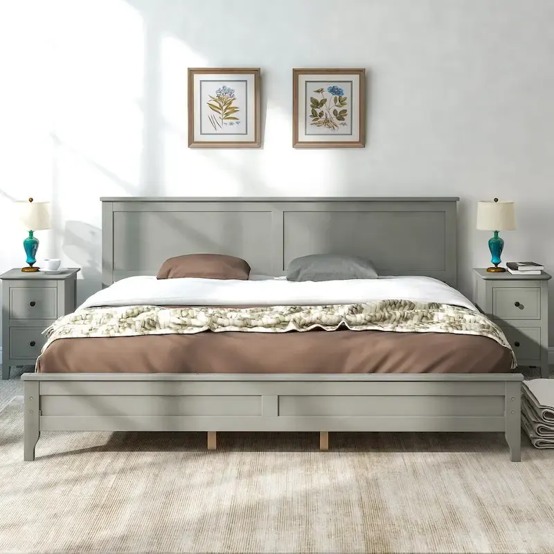 King Size Wood Platform Bed with Headboard and Footboard, Wooden Slat Frame Support