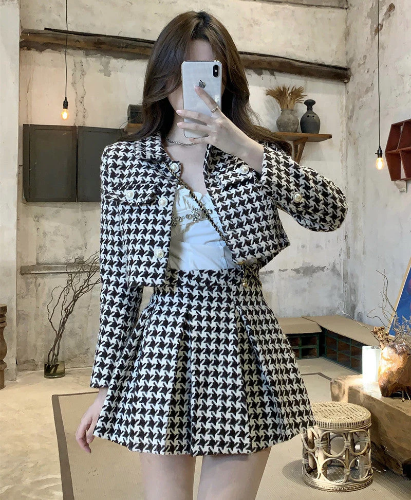 Women New Spring 2 Piece Matching Suits Long Sleeve Plaid Short Jacket&High Waist Pleated Mini Skirt Vintage 2pc Dress Sets - Deanwangkt
