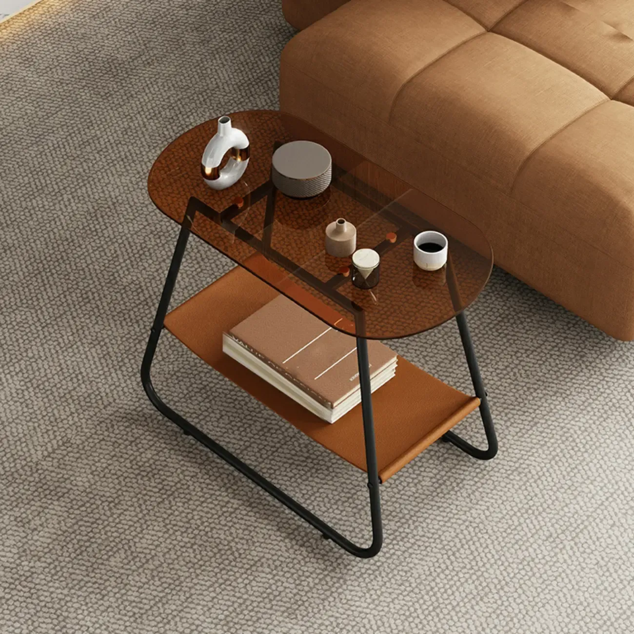 Brown Glass Top Oval Metal Frame Storage Side Table