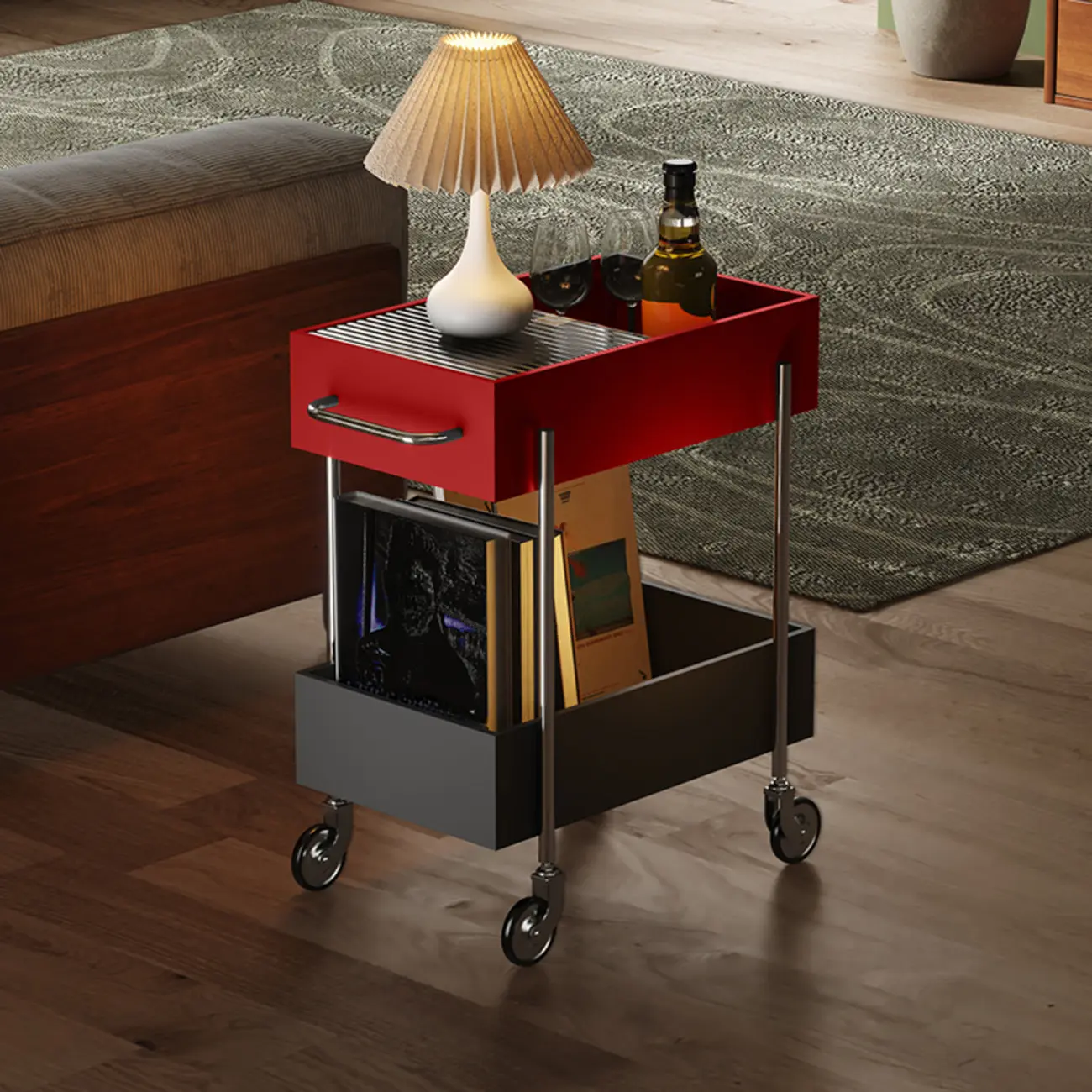 Trendy Black 2-Tier Small Side Table with Casters