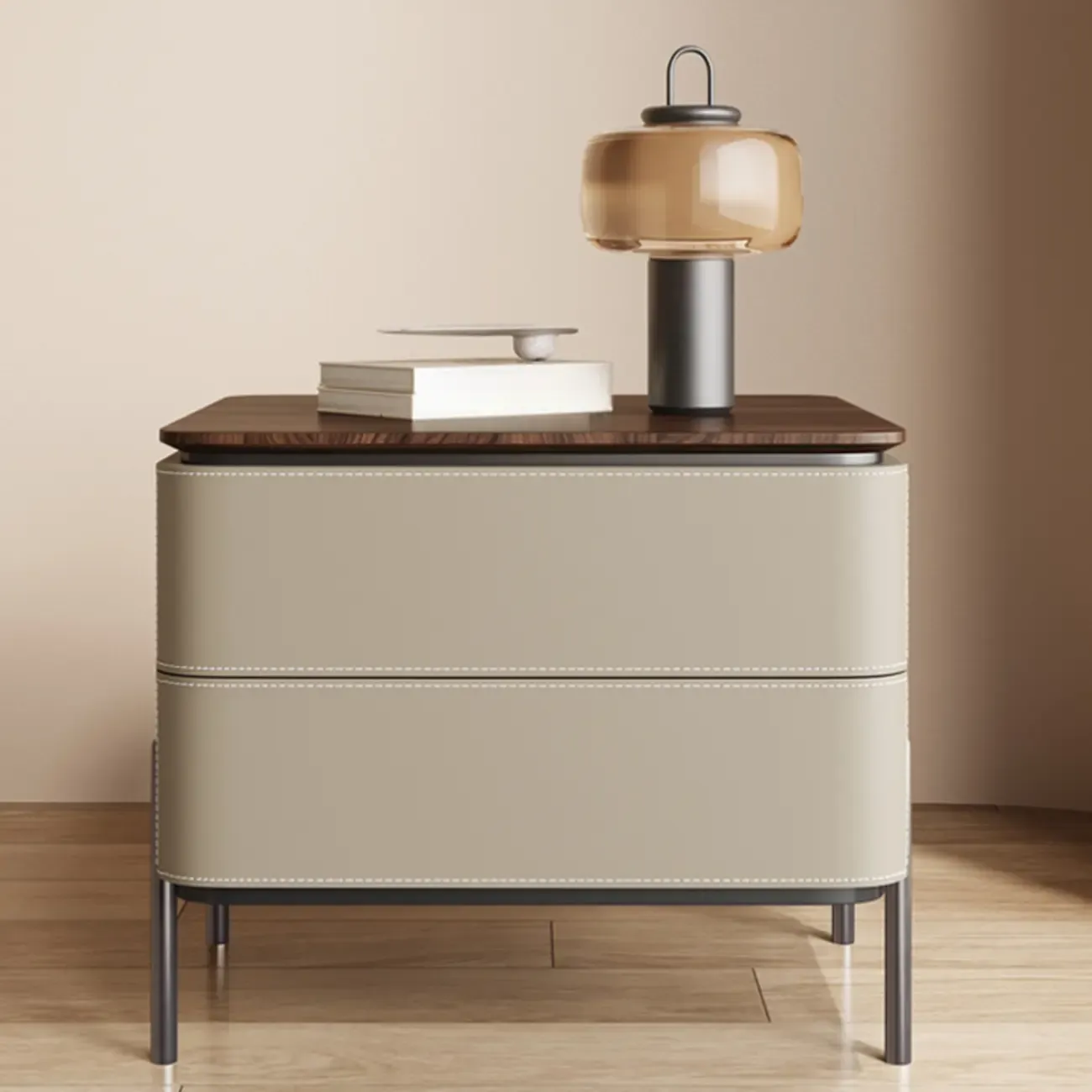 Modern Wood Top Leather Drawer Nightstand Including Metal Legs