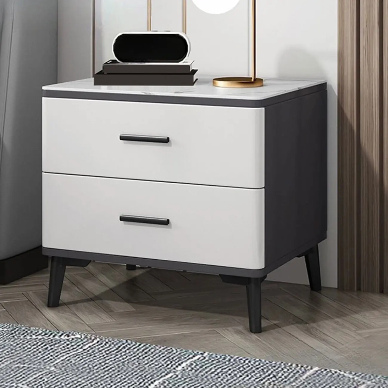 Modern White Stone Top Oak 2-Drawer Nightstand