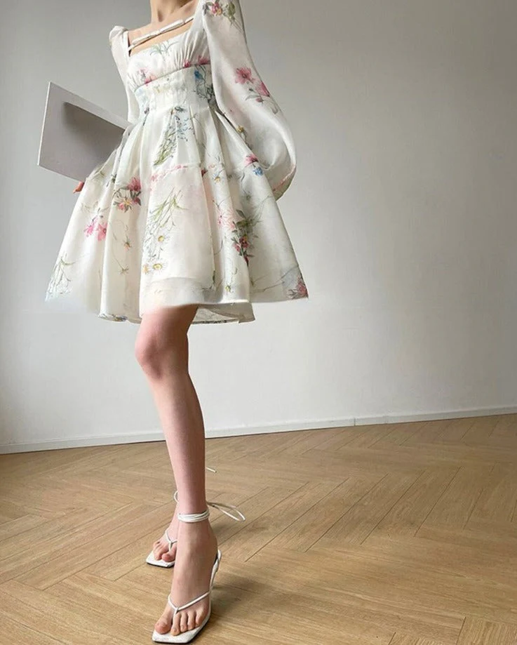 Hulianfu French Style Print Dress Spring Summer Party Long Sleeve Square Collar Dress for Women Elegant Sweet A Line Mini Dress - Deanwangkt