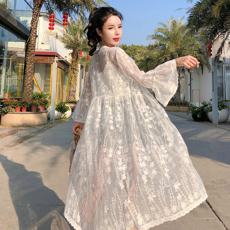 Hulianfu Women Blouse Sun Protection Outerwear Fashion Long Flare Sleeve Mesh Embroidery Thin Loose Party Holiday Maiden Outerwear Sexy - Deanwangkt