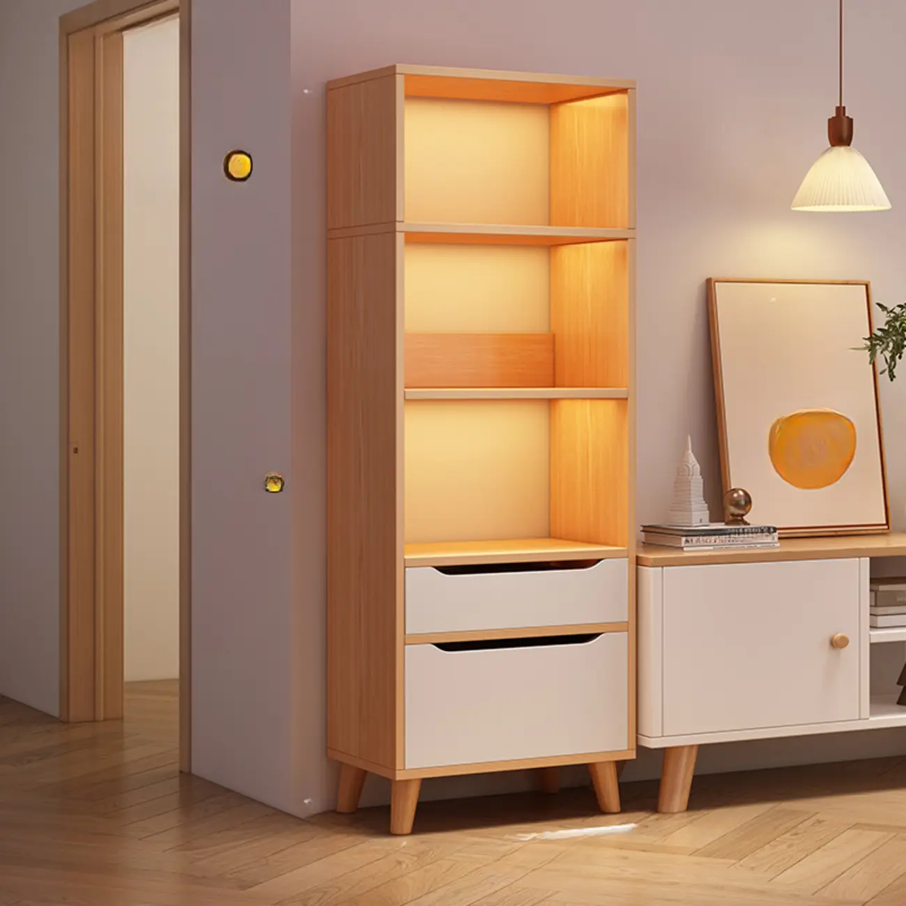 Tall Gray 4-Tier Open Back Wood Bookshelf with Drawer