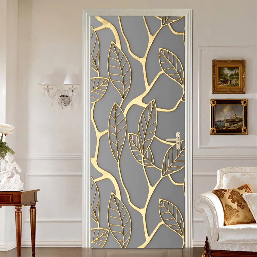 HULIANFU 2026  Simulation Of Gilt Leaves DIY Door Stickers Home Decoration Wall Sticker Kitchen Art Mural Peel & Stick Waterpoof PVC Wallpaper - Deanwangkt