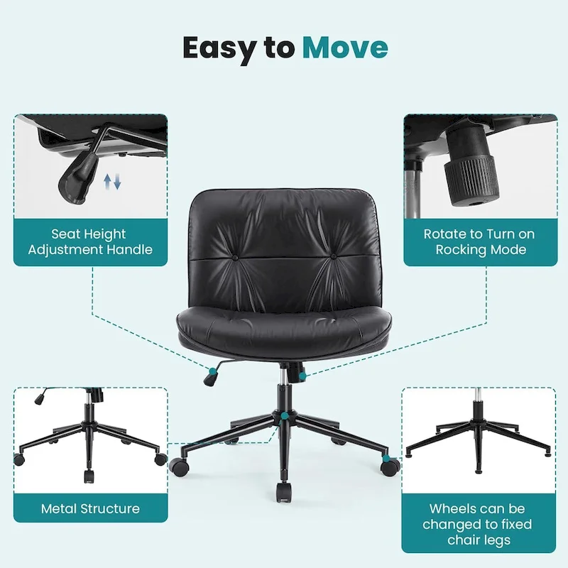 Criss Cross Chair with Wheels, Legged Home Office PU Leather Wide Armless Desk Seat, Rolling Ergonomic Comfy Vanity Seating