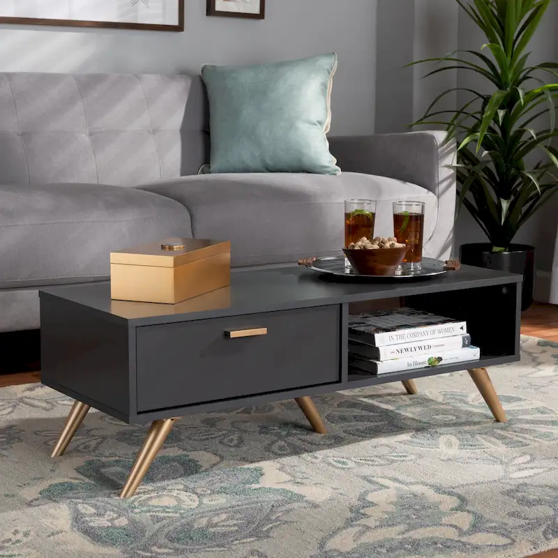 Kelson Modern Dark Grey and Gold Finished Wood Coffee Table