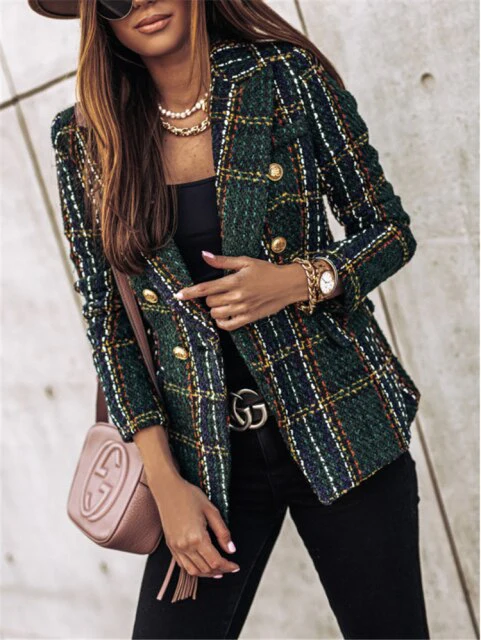 Demaifashion Slim Blazer Women Vintage Print Long Sleeve Button Veste Femme Casual Business Jacket Coat Office Ladies Suits Tops - Deanwangkt
