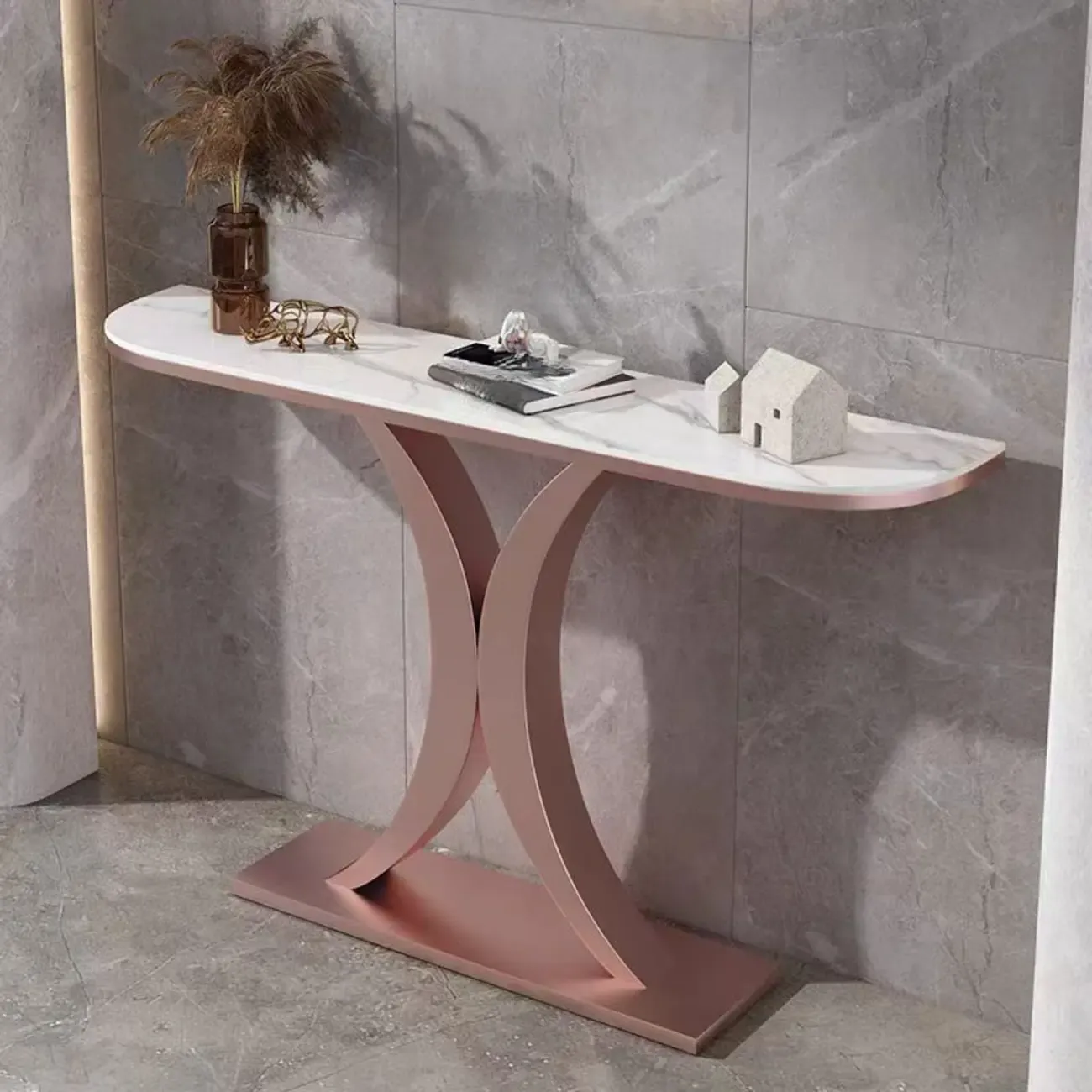 White Half-Circle Stone Rose Gold Entryway Console Table