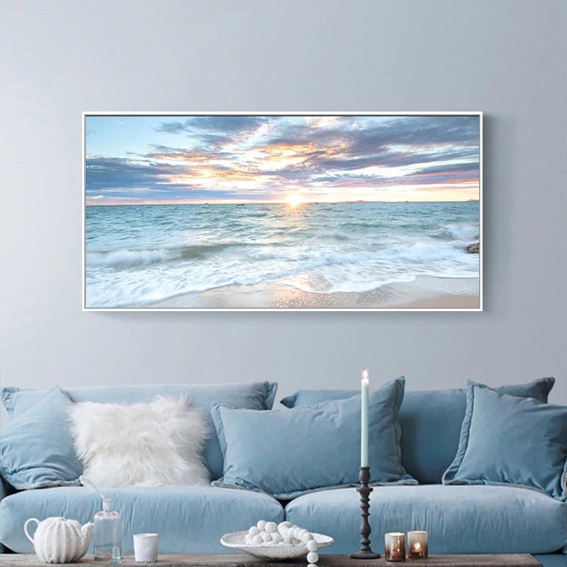 HULIANFU Sunrise Coastal Decorative Canvas Poster Blue Sea Landscape Picture Waves Canvas Painting Print Beach Wall Art Picture Home Deco - Deanwangkt