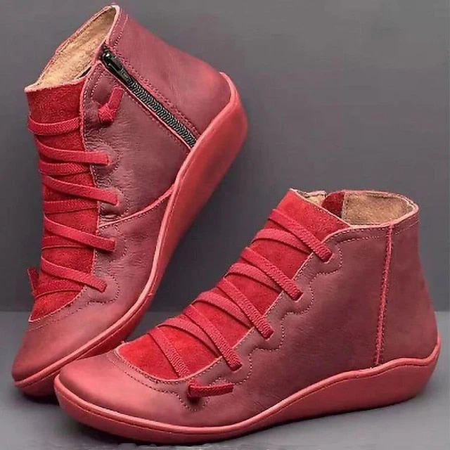 Women's Boots Comfort Shoes Plus Size Barefoot shoes Daily Booties Ankle Boots Flat Heel Round Toe Casual Minimalism Faux Leather Zipper Solid Color Solid Colored Red Blue Brown - Deanwangkt