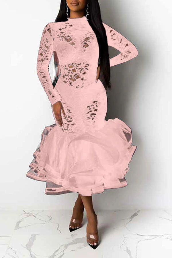 hulianfu Floral Lace Elegant See-Through Midi Dress - Deanwangkt