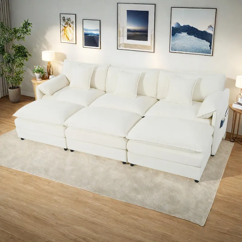109.45 Chenille Upholstered 3-Seater Sleeper Modular Sectional Sofa with Double-Layer Cushions, DIY Combination