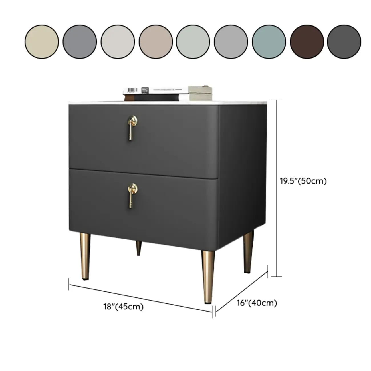 Modern Stone Top Gold Accents Leather 2 Drawer Nightstand