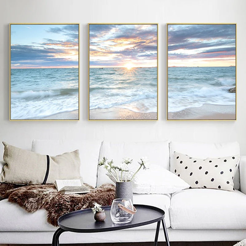 HULIANFU Sunrise Coastal Decorative Canvas Poster Blue Sea Landscape Picture Waves Canvas Painting Print Beach Wall Art Picture Home Deco - Deanwangkt