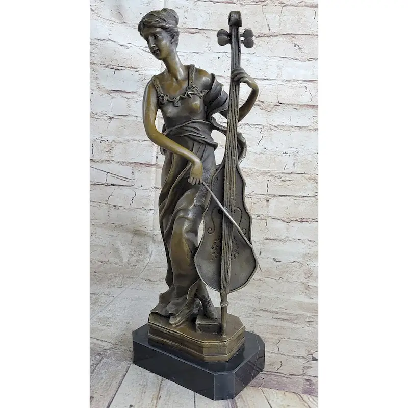 Signed Victorian Lady Playing Cello Bronze Marble Sculpture Statue Art Deco Gift